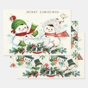 Kitschige Retro-Schneemänner Geschenkpapier Set