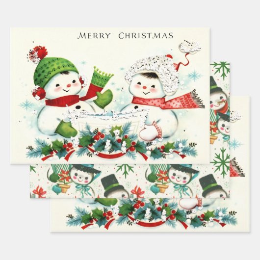 Kitschige Retro-Schneemänner Geschenkpapier Set (Set)