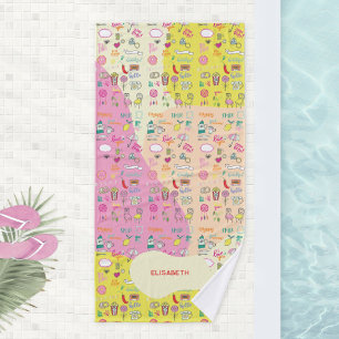 Kitschiges Pastellrosa Kawaii Doodle Badehandtuch