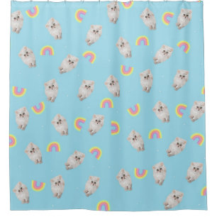 Kitschy Pastel Aesthetic Cat Kitten Rainbows Blue Duschvorhang