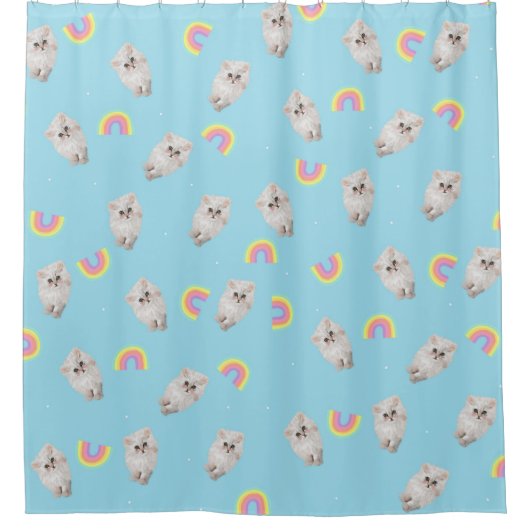 Kitschy Pastel Aesthetic Cat Kitten Rainbows Blue Duschvorhang (Vorderseite)