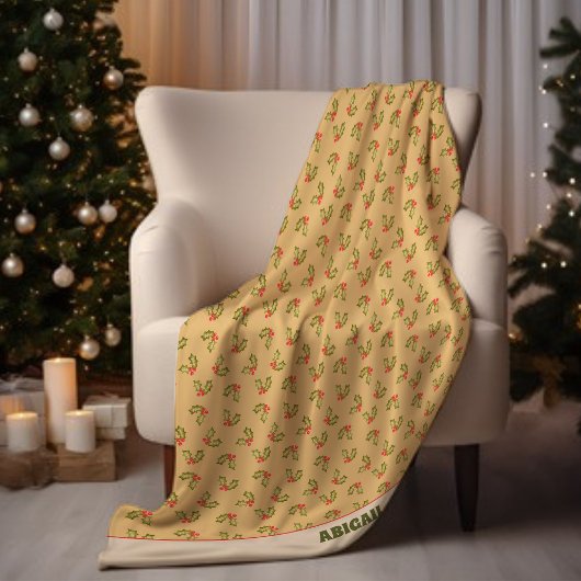 Kitschy Vintag Holly Berries Weihnachtsname Fleecedecke