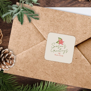 Kitschy Vintag Poinsettia Red Green Christmas Quadratischer Aufkleber