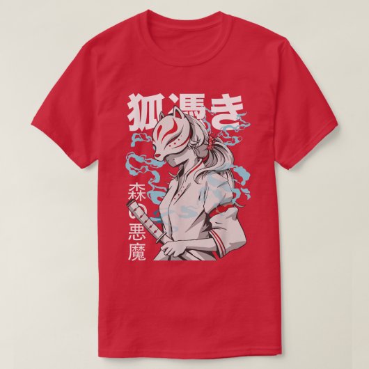 Kitsune Anime Fox Samurai Japanisch T-Shirt (Design vorne)