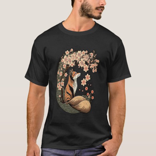 Kitsune Fox Japanese Nine Tailed Fox Cherry Blosso T-Shirt (Vorderseite)