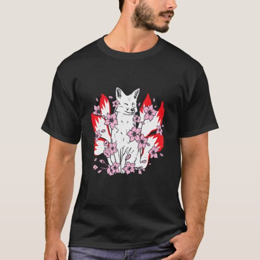 Kitsune fox with japanese kitsune and cherry bloss T-Shirt (Vorderseite)