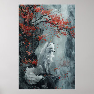 Kitsune-Geist – Japanischer Fuchs im blühenden Wal Poster