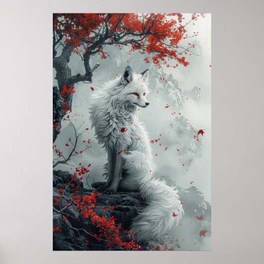 Kitsune-Geist – Japanischer Fuchs im blühenden Wal Poster (Vorne)
