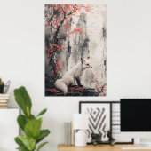 Kitsune-Geist – Japanischer Fuchs im blühenden Wal Poster (Heimbüro)