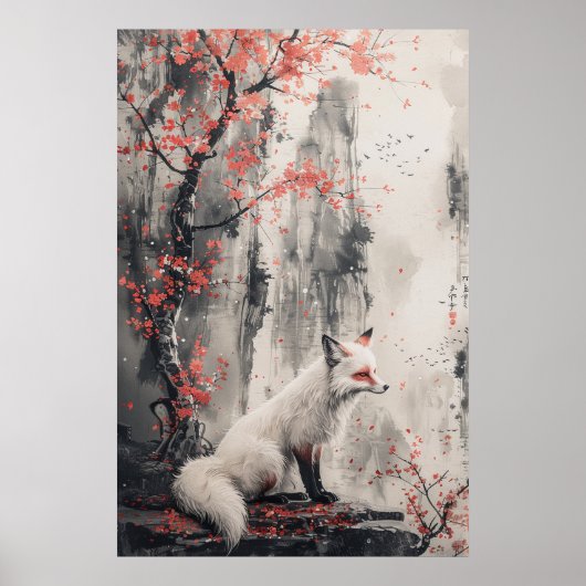 Kitsune-Geist – Japanischer Fuchs im blühenden Wal Poster (Vorne)