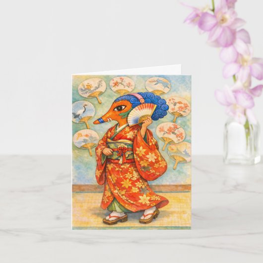 Kitsune in Kimono mit Fächer Karte (Orchidee)