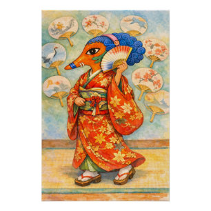 Kitsune in Kimono mit Rosen – Japanischer Fuchsspi Poster