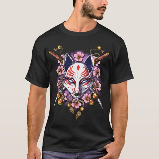 Kitsune Japanische Fuchs-Maske T-Shirt (Vorderseite)