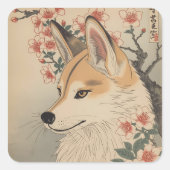 Kitsune & Kirschblüte Quadratischer Aufkleber (Vorderseite)