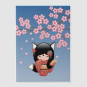 Kitsune Kokeshi Doll Black Fox Geisha Blue Insert Pergament Einladungen (Vorderseite)