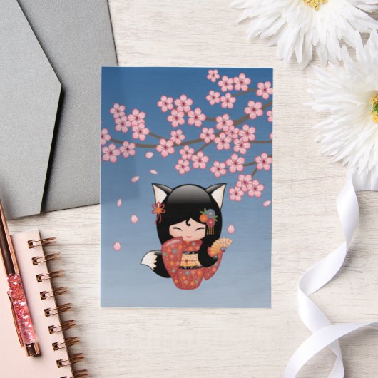 Kitsune Kokeshi Doll Black Fox Geisha Blue Insert Pergament Einladungen (Hochzeit)