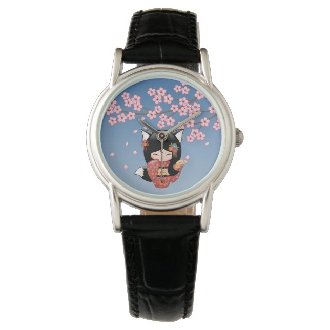Kitsune Kokeshi Doll - Black Fox Geisha Girl Armbanduhr (Vorderseite)