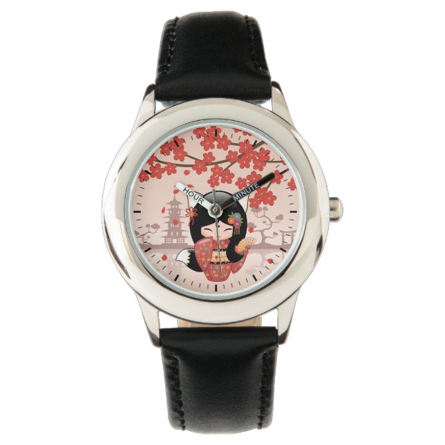 Kitsune Kokeshi Doll - Black Fox Geisha Girl Armbanduhr (Vorderseite)