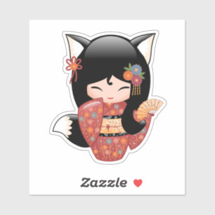 Kitsune Kokeshi Doll - Black Fox Geisha Girl Aufkleber