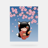 Kitsune Kokeshi Doll Black Fox Geisha Girl Blue Acrylschild (Vorderseite)