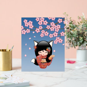 Kitsune Kokeshi Doll Black Fox Geisha Girl Blue Acrylschild