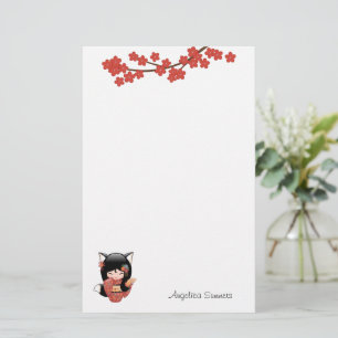 Kitsune Kokeshi Doll - Black Fox Geisha Girl Briefpapier