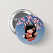 Kitsune Kokeshi Doll - Black Fox Geisha Girl Button (Vorne & Hinten)