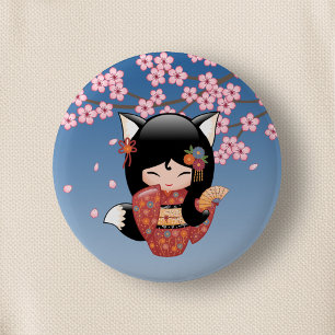 Kitsune Kokeshi Doll - Black Fox Geisha Girl Button