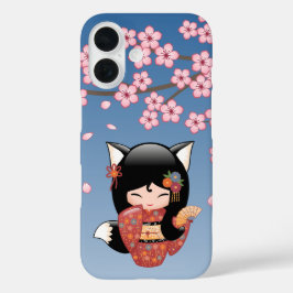 Kitsune Kokeshi Doll - Black Fox Geisha Girl iPhone 16 Hülle