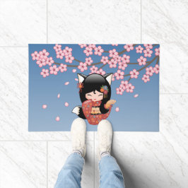 Kitsune Kokeshi Doll - Black Fox Geisha Girl Fußmatte