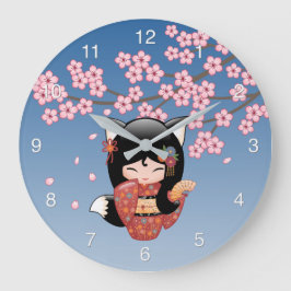 Kitsune Kokeshi Doll - Black Fox Geisha Girl Große Wanduhr