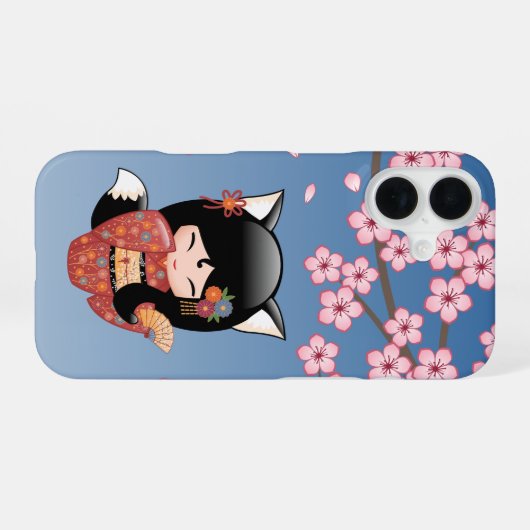 Kitsune Kokeshi Doll - Black Fox Geisha Girl iPhone 16 Hülle (Rückseite (Horizontal))