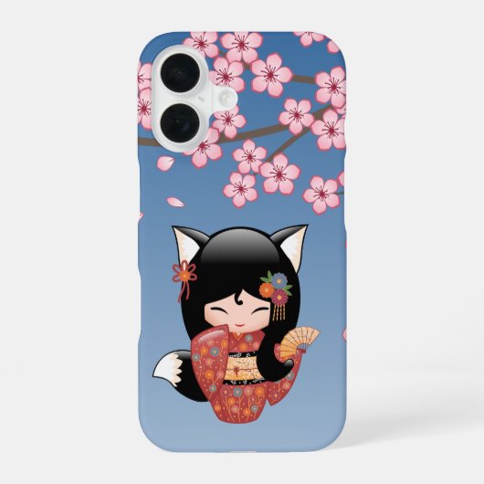 Kitsune Kokeshi Doll - Black Fox Geisha Girl iPhone 16 Hülle (Rückseite)