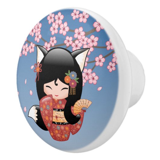 Kitsune Kokeshi Doll - Black Fox Geisha Girl Keramikknauf (Rechts)