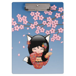 Kitsune Kokeshi Doll - Black Fox Geisha Girl Klemmbrett