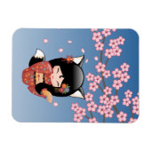Kitsune Kokeshi Doll - Black Fox Geisha Girl Magnet (Horizontal)