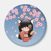 Kitsune Kokeshi Doll - Black Fox Geisha Girl Magnet (Vorne)