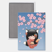 Kitsune Kokeshi Doll - Black Fox Geisha Girl Magnet (Vorderseite/Rückseite)