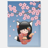 Kitsune Kokeshi Doll - Black Fox Geisha Girl Magnet (Vorderseite)
