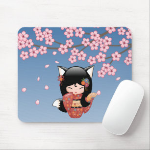 Kitsune Kokeshi Doll - Black Fox Geisha Girl Mousepad