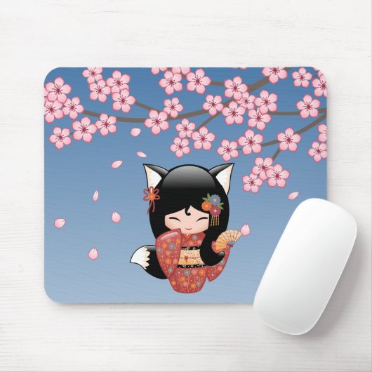 Kitsune Kokeshi Doll - Black Fox Geisha Girl Mousepad (Mit Mouse)