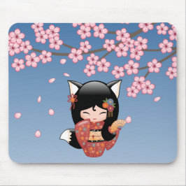 Kitsune Kokeshi Doll - Black Fox Geisha Girl Mousepad