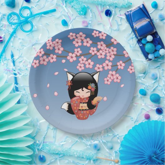 Kitsune Kokeshi Doll - Black Fox Geisha Girl Pappteller (Party)