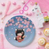 Kitsune Kokeshi Doll - Black Fox Geisha Girl Pappteller (Party)