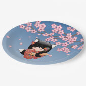 Kitsune Kokeshi Doll - Black Fox Geisha Girl Pappteller (Schrägansicht)