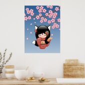 Kitsune Kokeshi Doll - Black Fox Geisha Girl Poster (Küche)