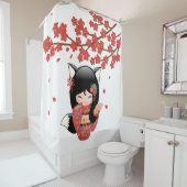 Kitsune Kokeshi Doll Black Fox Geisha Girl Red Duschvorhang (Beispiel)