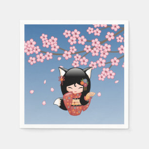 Kitsune Kokeshi Doll - Black Fox Geisha Girl Serviette