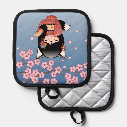 Kitsune Kokeshi Doll - Black Fox Geisha Girl Topflappen (Vorderseite/Rückseite)