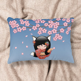 Kitsune Kokeshi Doll - Black Fox Geisha Girl Zierkissen